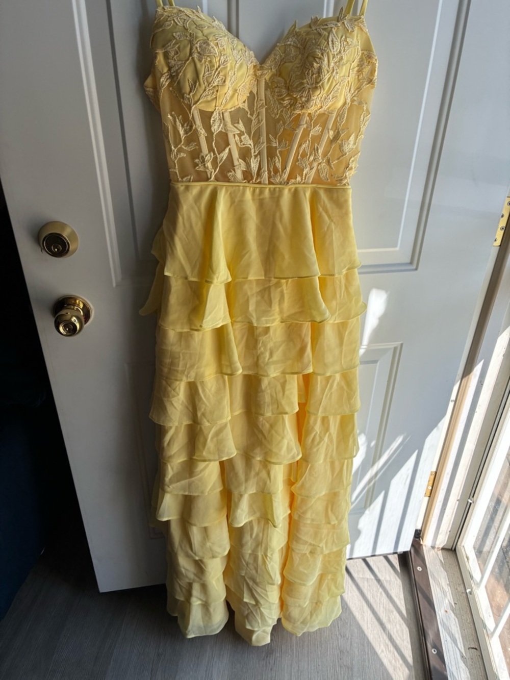 Yellow Ruffled Lace Bodice Maxi Dress
